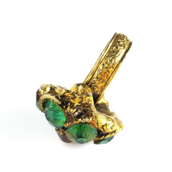 Vintage 1960s Green Rhinestone Flower Adjustable Cocktail Ring - Picture 7 of 10